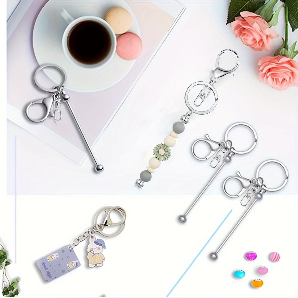 12 bead keychain bars set, perfect for creating your own DIY keychain accessories using golden blank bead keychains. Ideal for making pendant bead DIY keychains and as jewelry making gifts.