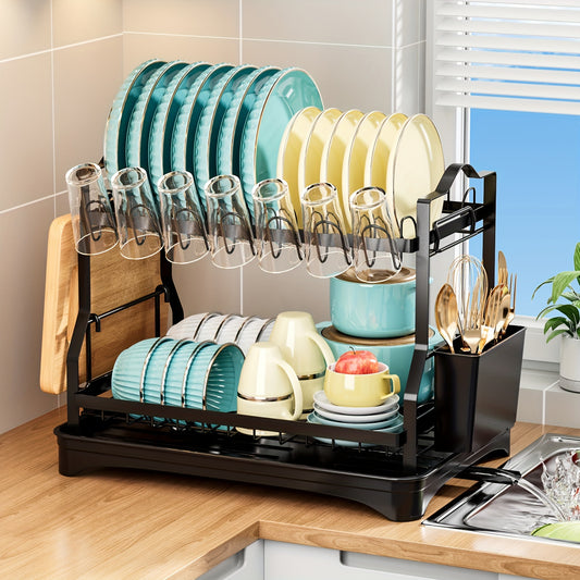 2-Tier Kitchen Organizer Rack with Drain Pan - Space-Saving Storage for Dishes & Utensils