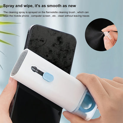 Multipurpose cleaning kit for digital devices including keyboard, laptop, earphone ports, and mobile phone. Includes soft bristle brush, spray cleaner, and microfiber tip.