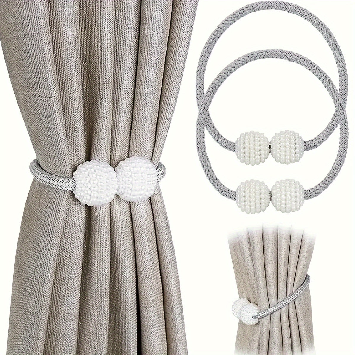 Two pieces of magnetic curtain tiebacks with a classic design, perfect for holding back curtains in a home, living room, bedroom, or office. Each tieback is 42.01 cm long.