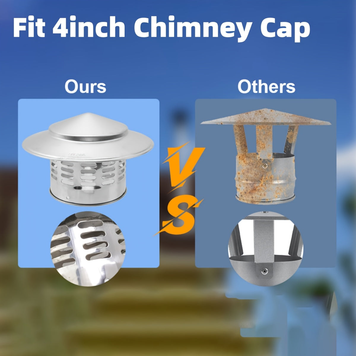 Stainless Steel 4 Inch Chimney Cover with Strainer - Round Shape, Rain Cap for Exterior and Fireplace, Flue and Furnace Tube Ventilation Cover