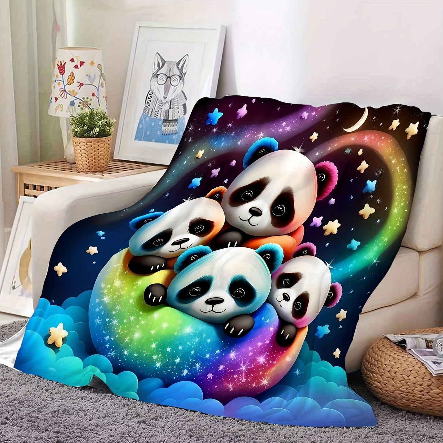 Cozy Modern Panda Design Blanket made from Flannel Fleece, Perfect for All Seasons, Multipurpose Home Decor with Digital Print, Easy to Clean in Washing Machine, Made from Polyester Knit Fabric, 200-250 gsm