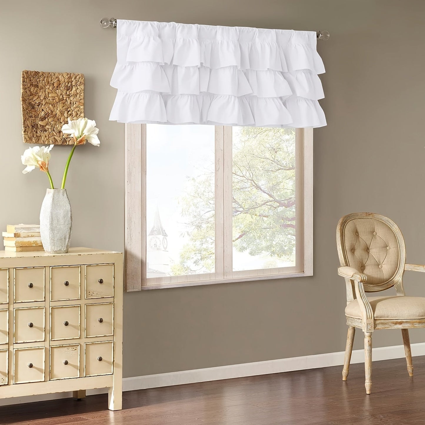 White ruffle print small curtain tiers, made with soft fabric featuring tiered ruffles. Perfect as a cafe curtain valance, these decorative short window drapes are ideal for parties, gifting, and adding charm to any room in your home – be it the kitchen