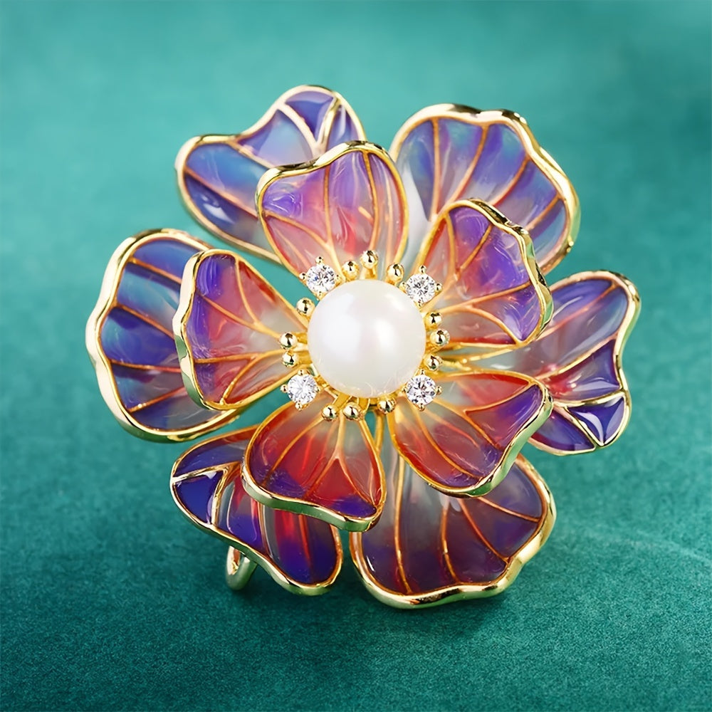 Beautiful Enamel Flower Brooch with Rhinestones and Purple Faux Pearl, Vintage-Inspired and Elegant - Ideal for Adding a Touch of Glamour to Your Winter and Autumn Wardrobe, Perfect for Both Suits and Dresses