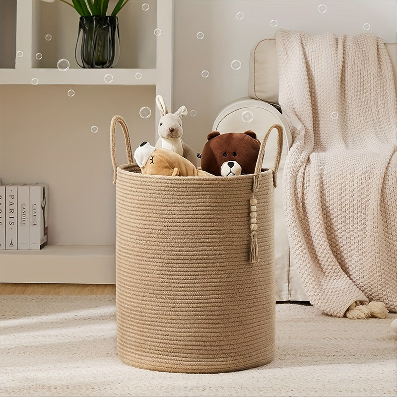 Get organized with our 1pc Jute Rope Woven Hamper, a versatile laundry basket that holds up to 58L. This tall woven collapsible basket is perfect for organizing blankets, clothes, and more in your laundry room. Use it to store supplies in the bathroom