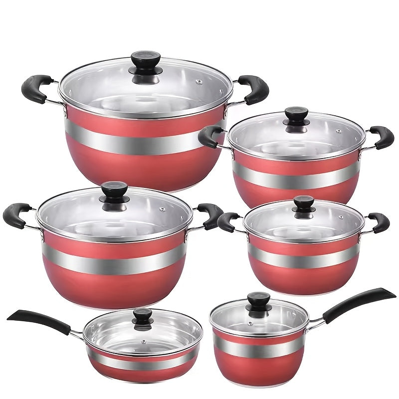 This set includes 12 pieces of stainless steel cookware, featuring an orange-red pot body. It includes 4 pots, 1 frying pan, 1 milk pot, and 6 lids. The pots have a thickened composite bottom and anti-burning ears. Perfect for family gatherings and