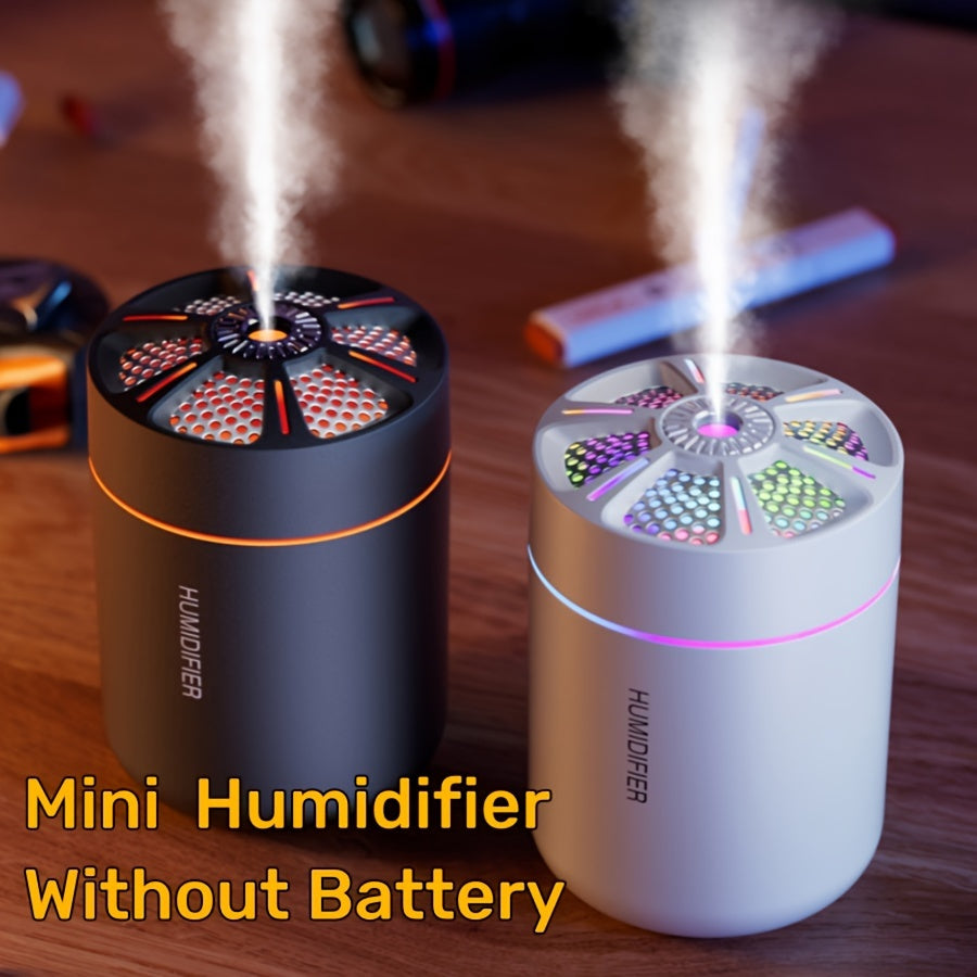 Mini ultrasonic humidifier with colorful gradient light, perfect for office, car, bedroom, and school. Made of plastic and USB powered.