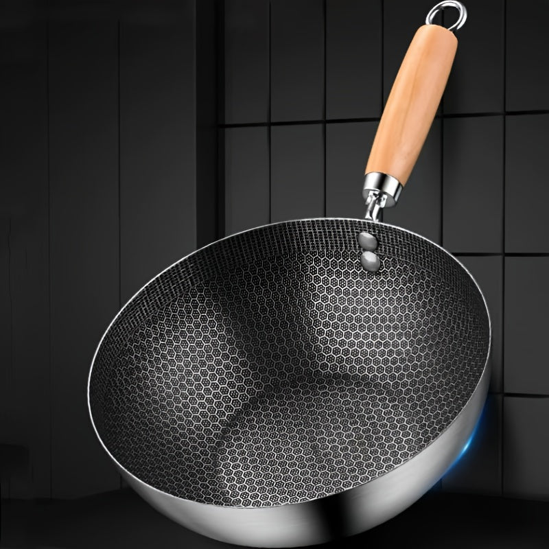 Stainless Steel Chef's Pan with Honeycomb Non-Stick Coating, 20cm Mini Wok with Wood Handle - Ideal for Home Kitchen or Restaurant Cooking, Compatible with All Stovetops