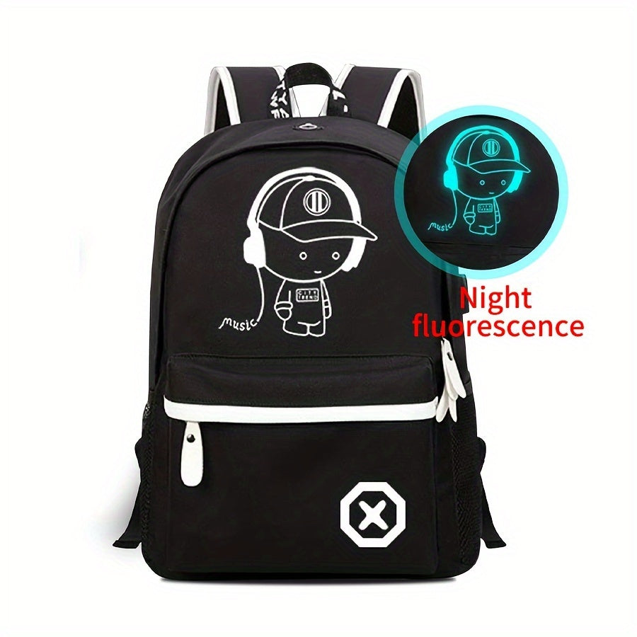 Glow-in-the-dark cartoon backpack with USB charging, adjustable straps, and zip closure. Perfect for daily use for school or commuting.