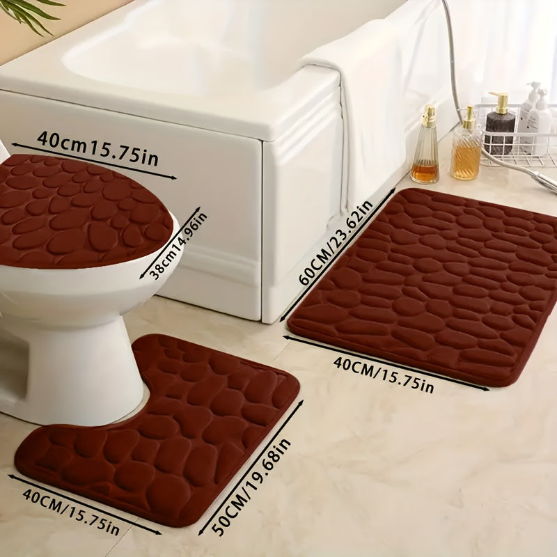 3-piece thick memory foam bath mat set with ultra-absorbent, non-slip coral fleece material. Machine washable and features a geometric pattern for bathroom decor.