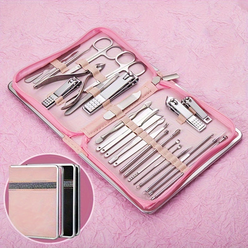 Nail clipper kit with 26 pieces for men and women, includes ear spoon and nail files.