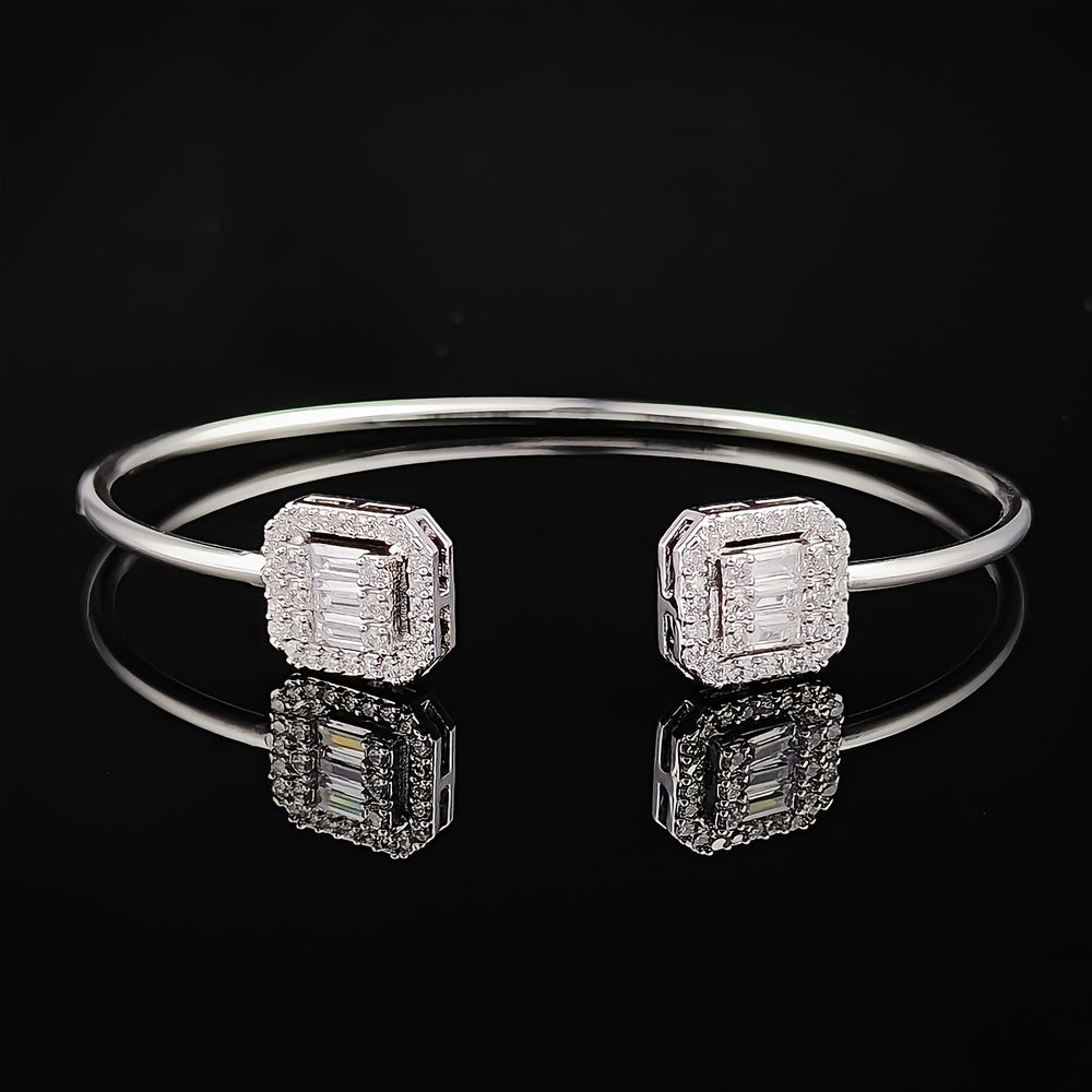 Elegant Copper Open Cuff Bracelet with Square Synthetic Zirconia - Perfect for Women to Wear Daily, at Parties, and Special Occasions. Great Valentine's Day Gift. Style S7204B.