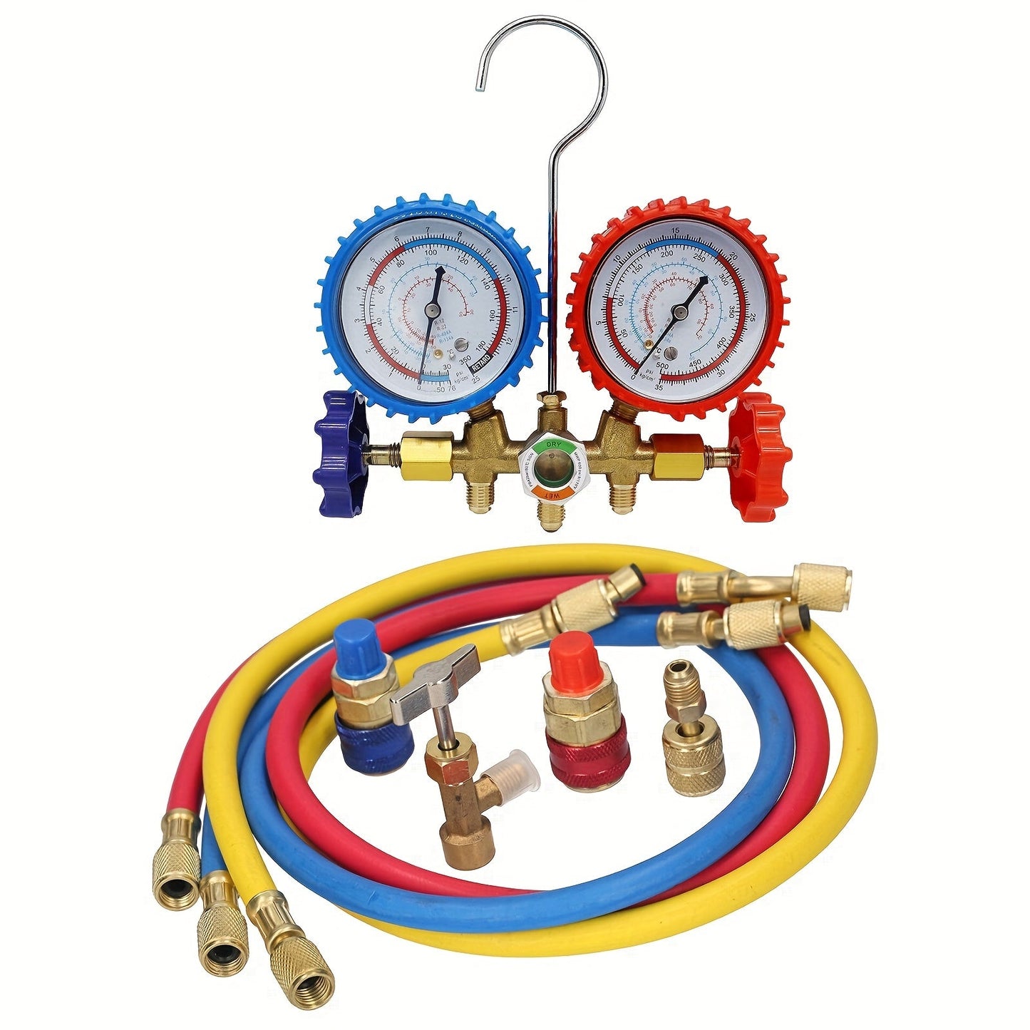 HVAC & Auto 3-Way AC Manifold Gauge Set - Refrigerant Charging Tool with Quick Couplers and Valve Core Kit - Works with R404A, R134A, R12, R22 refrigerants