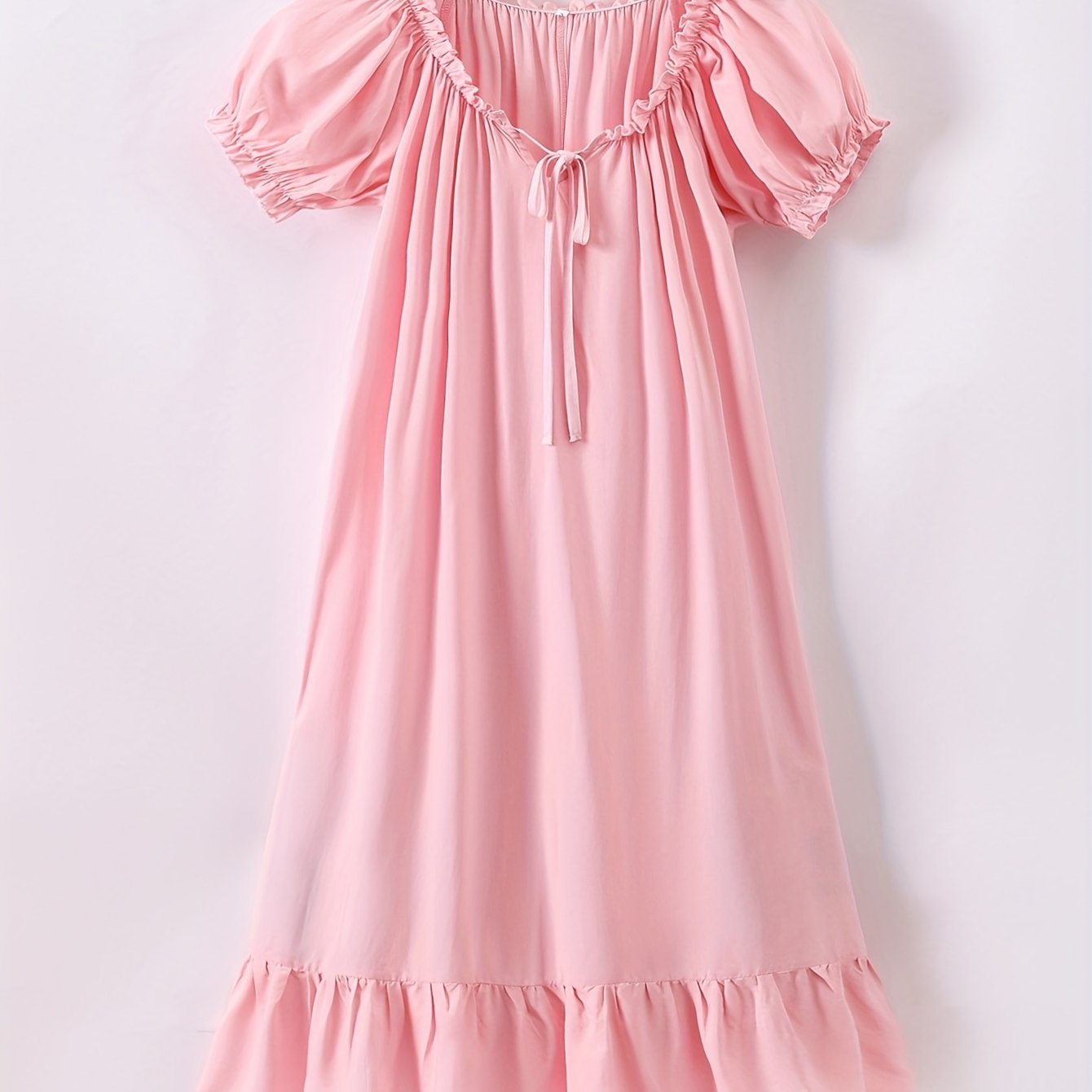 Princess nightdress with lace trim and V neck ruffle hem. Cute sleep dress for women.