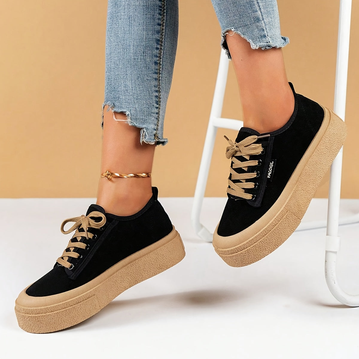 Women's fashion sneakers with solid color, low top lace-up design, comfortable fabric upper, durable PVC sole, all-season sports style.