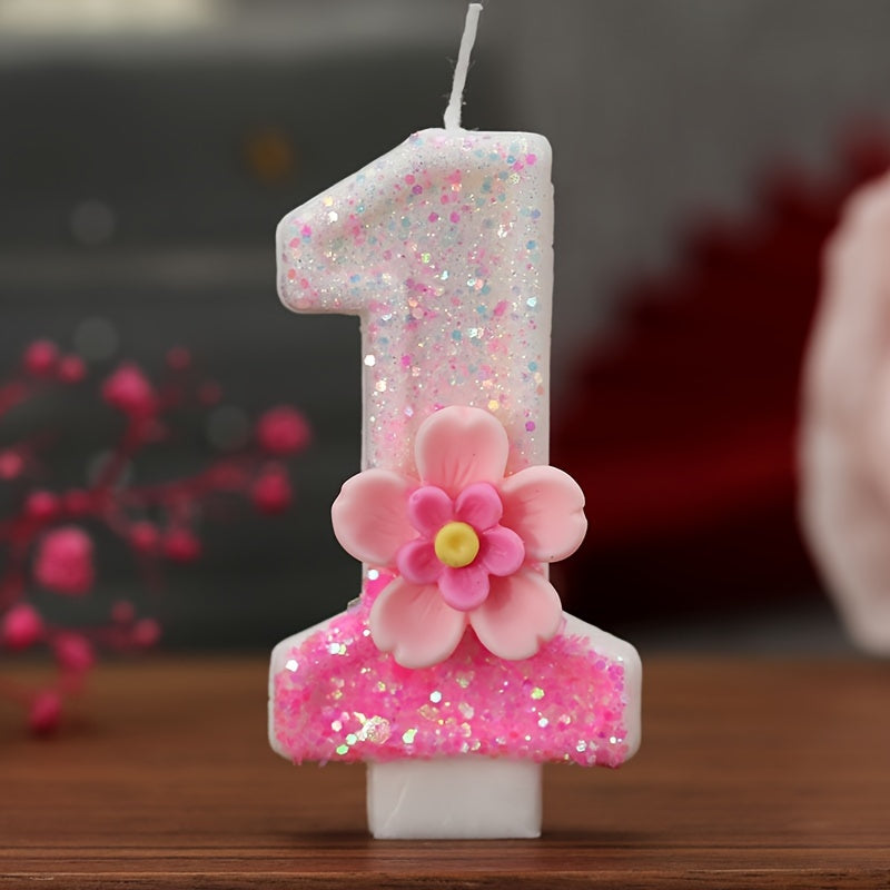 Pink floral number candle for cake decorations and parties.