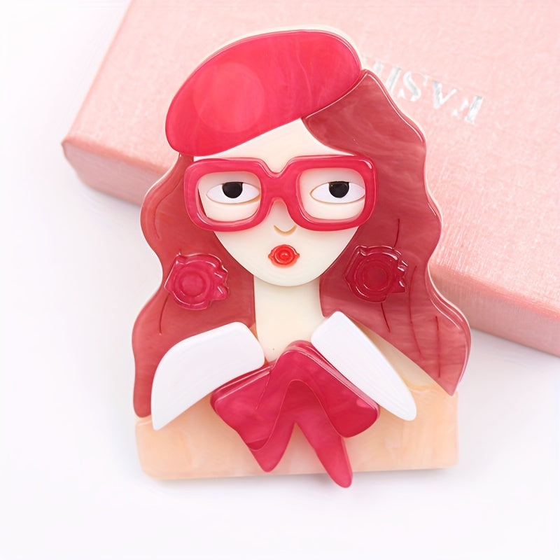 Chic and Simple Acrylic Girl with Glasses Brooch - A Touch of Quirky Elegance for Your Dresses, Sweaters, and Coats