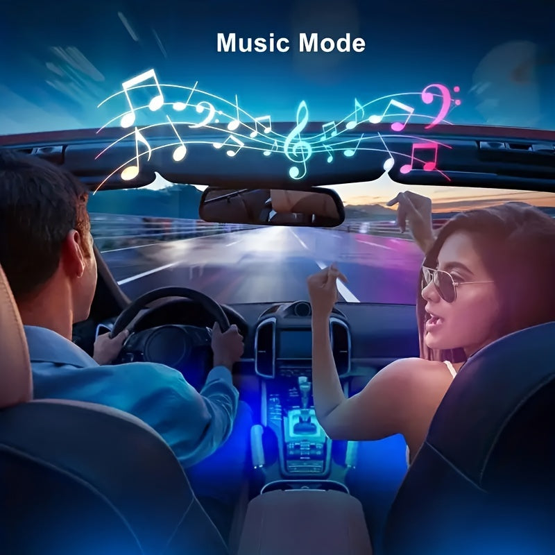 1pc Wireless Remote & App Controlled RGB Car Ambient Lighting Kit, 48LED USB-Powered Music Sync Footpad Lights, 4-in-1 DIY Vehicle Interior Mood Lighting with Adjustable Brightness & 8