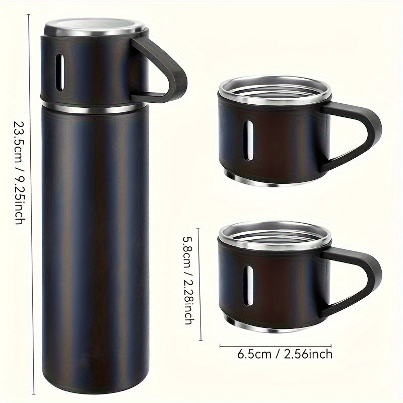 Stainless steel thermal mug set for hot and cold beverages, perfect for business and school use.