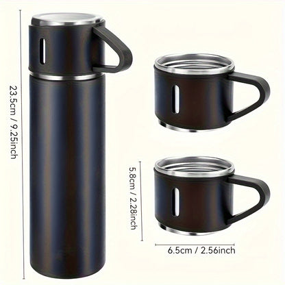 Stainless steel thermal mug set for hot and cold beverages, perfect for business and school use.