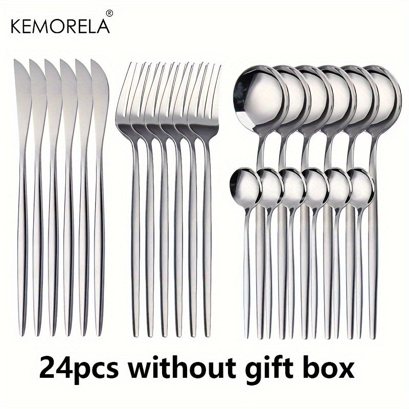 24-piece luxury stainless steel cutlery set, dishwasher safe.