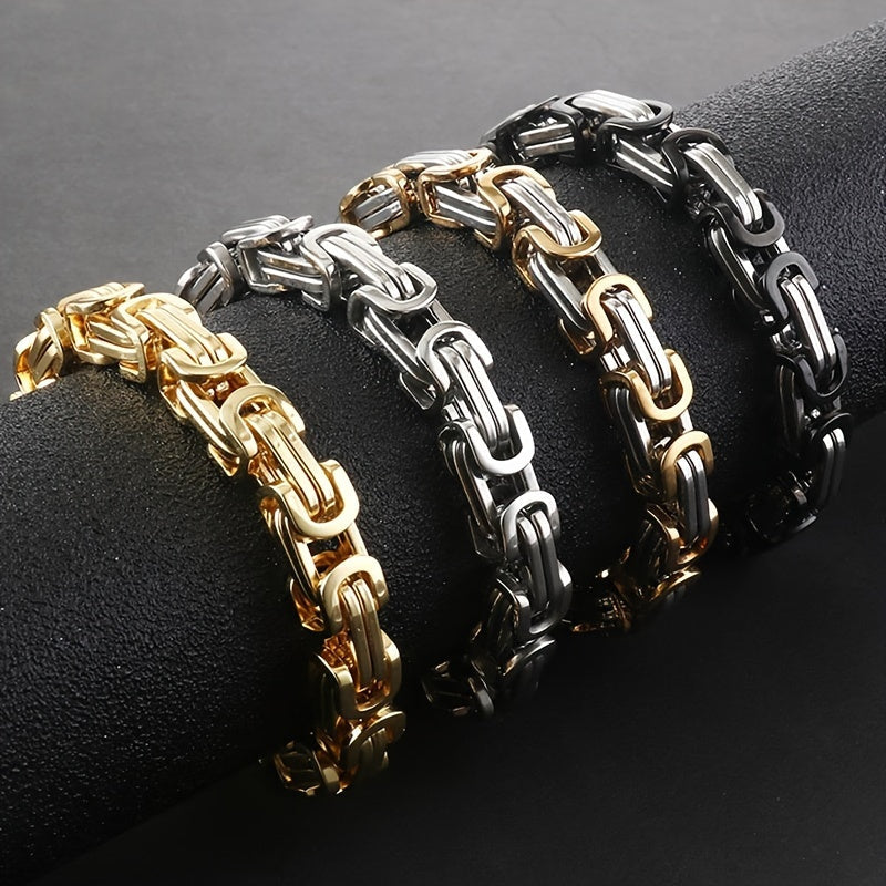 Stylish men's stainless steel chain bracelet in 8mm width, featuring a sturdy Byzantine box chain design. Available in black, golden, or silvery colors, this hip hop inspired bracelet is the perfect accessory for men looking to add some flair to their