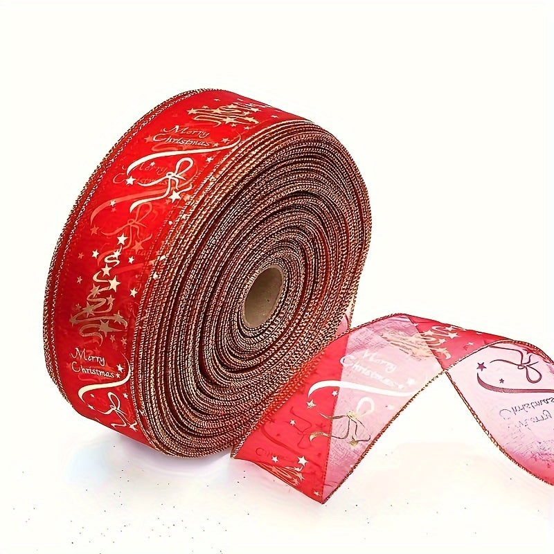 Festive red Christmas ribbon for decorating trees and gifts, 6.3cm wide x 200.0cm long with Merry Christmas print. Classic fabric ribbon, perfect for DIY bows.