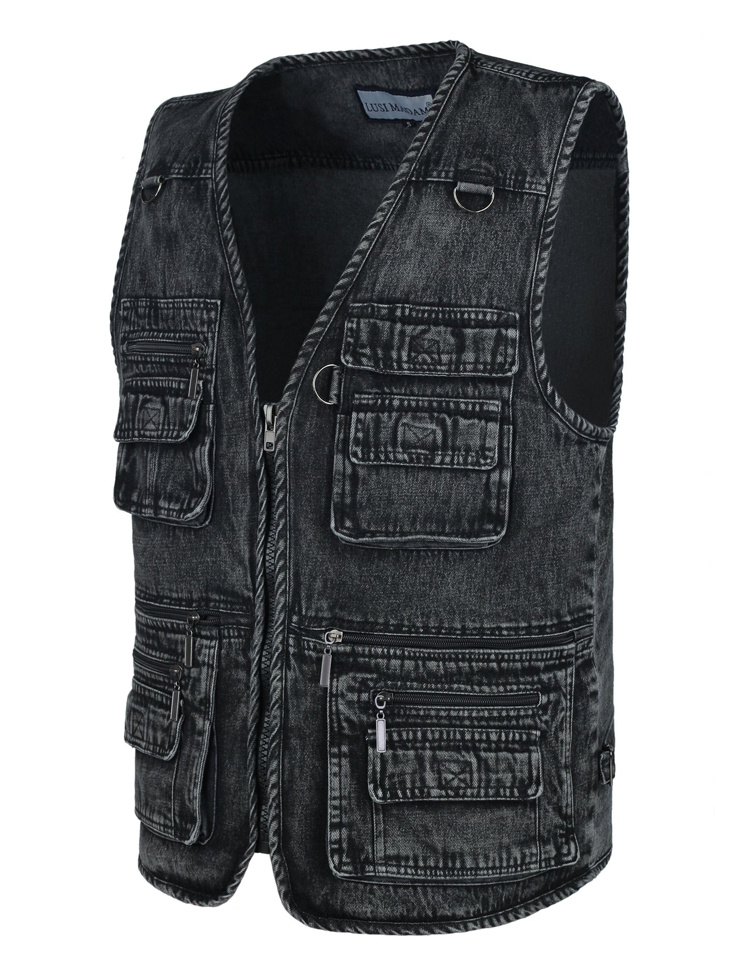 LUSI MADAM Men's Denim Black Zip-Up Vest - V-Neck with Multi Pockets, 100% Cotton, Perfect for Spring/Summer Outdoor Activities.