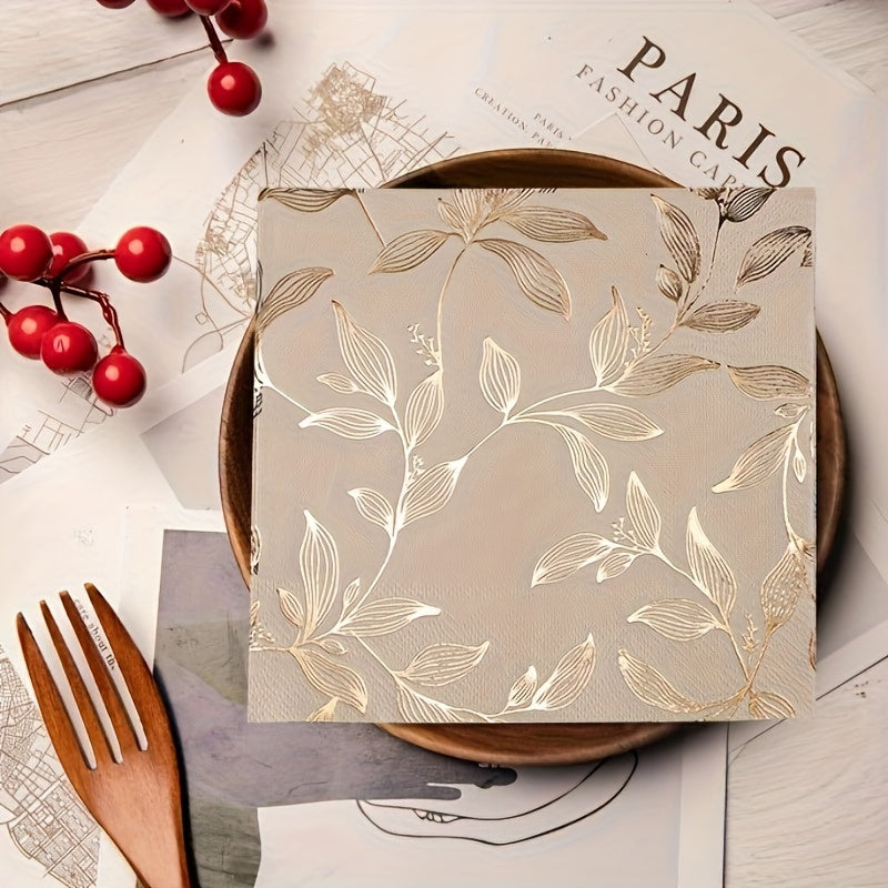 Set of 20 Elegant Disposable Napkins with Golden Leaf Pattern - 33.02cm x 33.02cm Square Paper Placemats Perfect for Weddings, Birthdays, Parties | Festive Table Decor featuring Gilded Floral Design, Paper Napkins