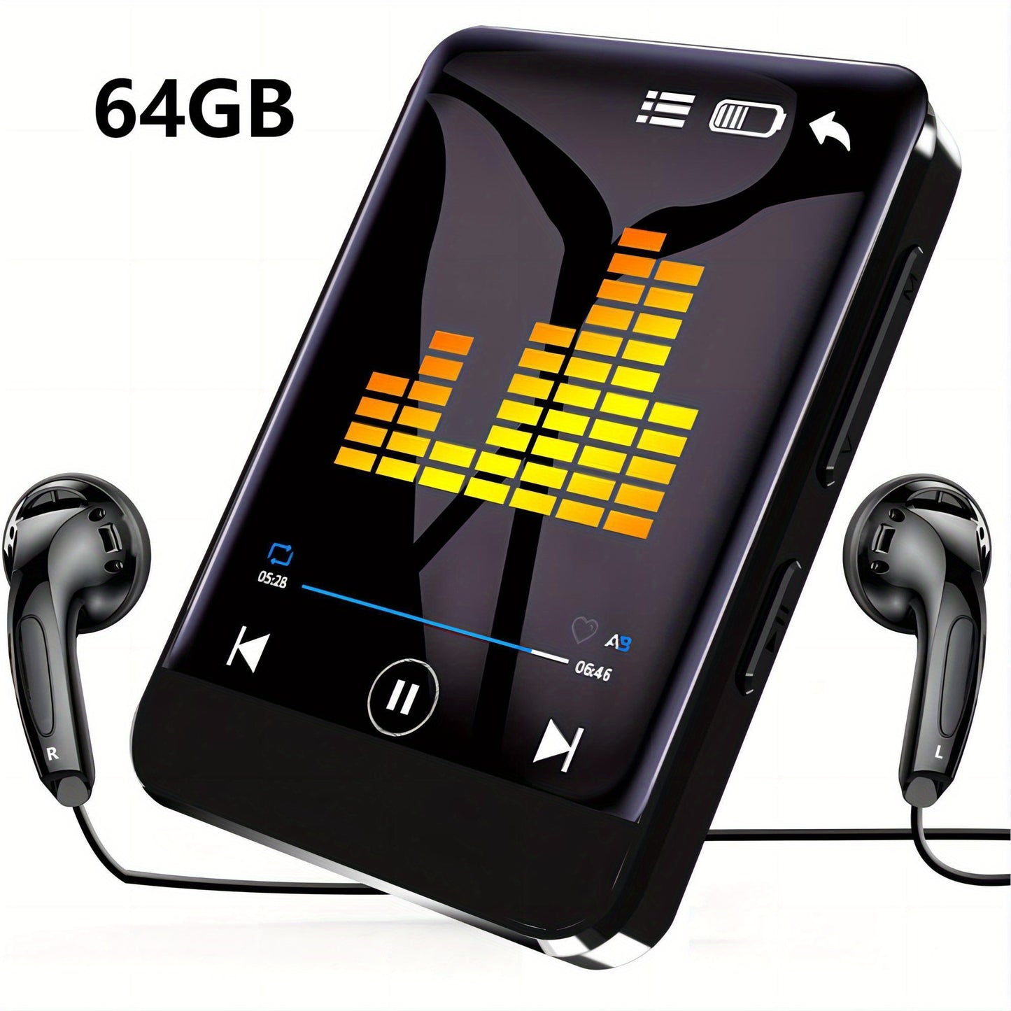 Portable MP3 player with 64GB storage, full touch screen, HD speaker, FM radio, voice recorder; sleek design for travel, sports, and video playback.