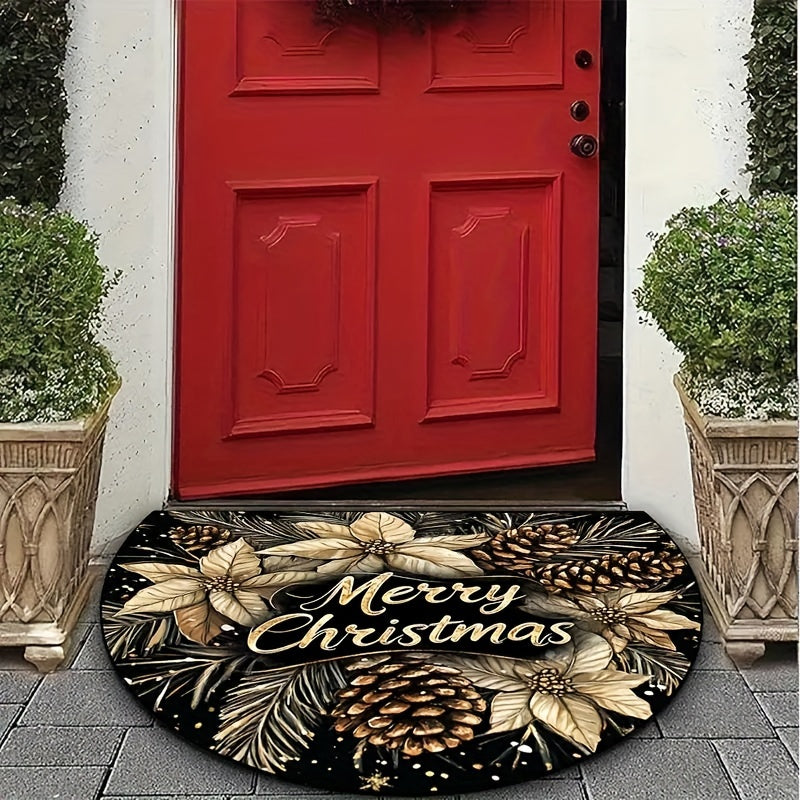 Get into the holiday spirit with our Christmas Cheer Semi-Circle Doormat featuring a festive Golden Pinecone & Jewelry Design. This non-slip, machine washable polyester rug is perfect for your living room, bedroom, game room, or cafe entrance. Add a