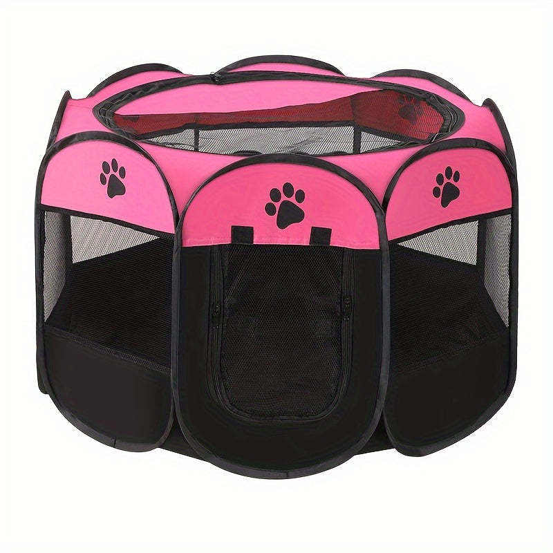 Portable foldable pet playpen with carrying case, collapsible travel bowl, water resistant shade cover for indoor/outdoor use.