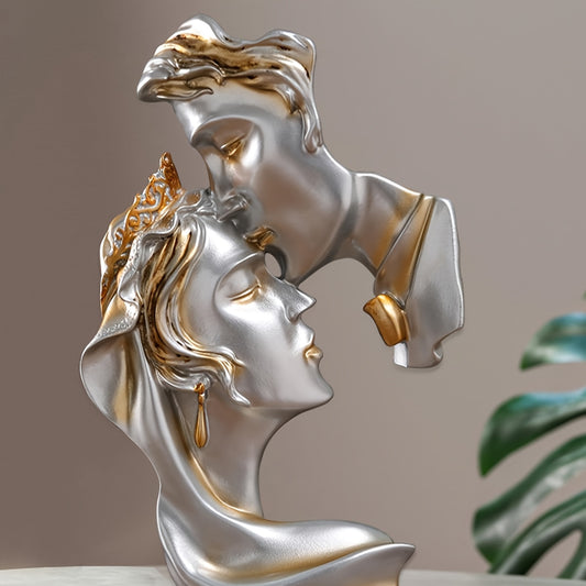 Golden-tone resin sculpture featuring kissing couple design, suitable for home or office decor, ideal Valentine's Day gift, versatile for indoor or outdoor use. Great for Valentine's decorations.