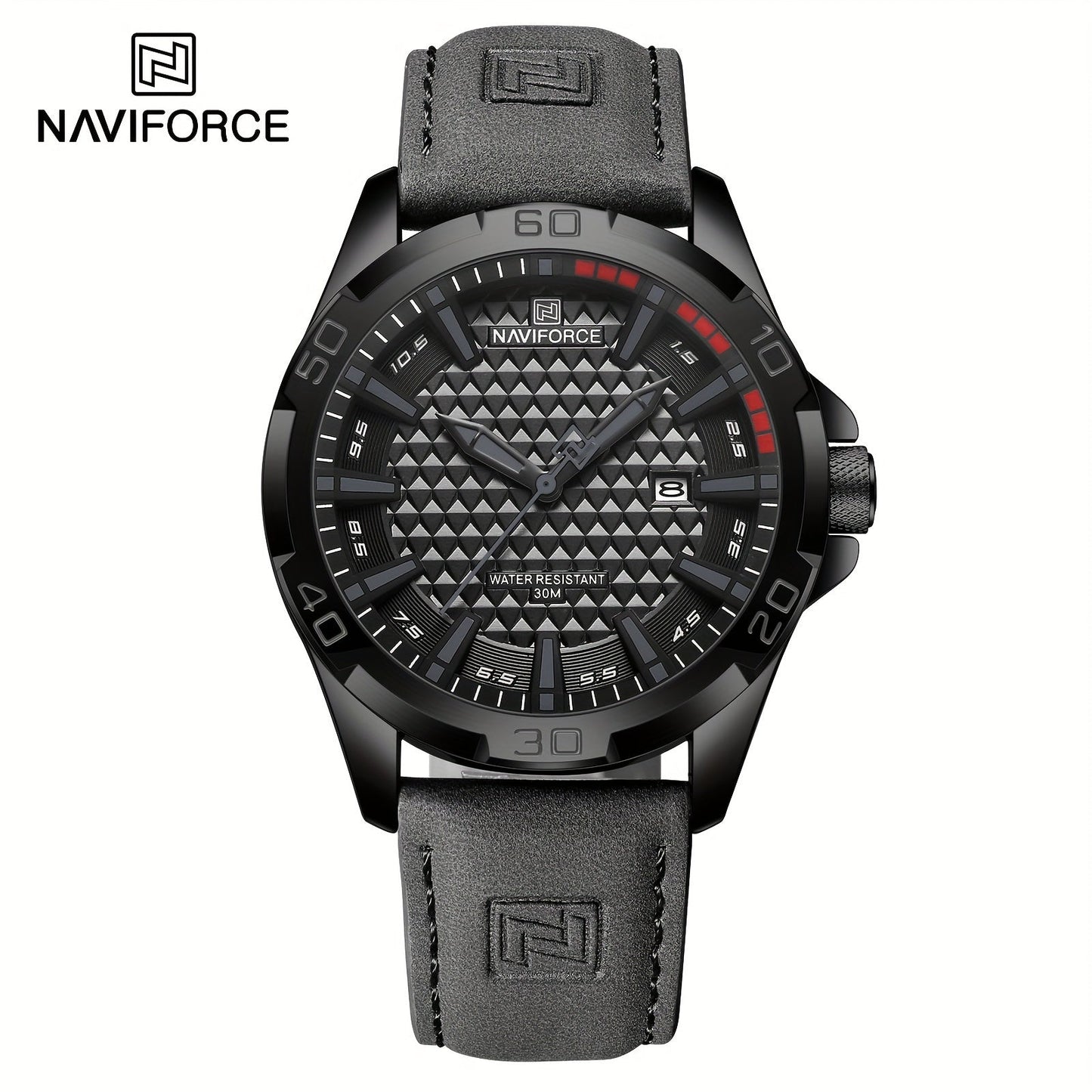 NAVIFORCE Men's Quartz Watch NF8023 features a casual style with a round alloy case and genuine leather strap. The watch also boasts a carbon fiber dial, 3ATM water resistance, and is powered by a battery-powered electronic movement.