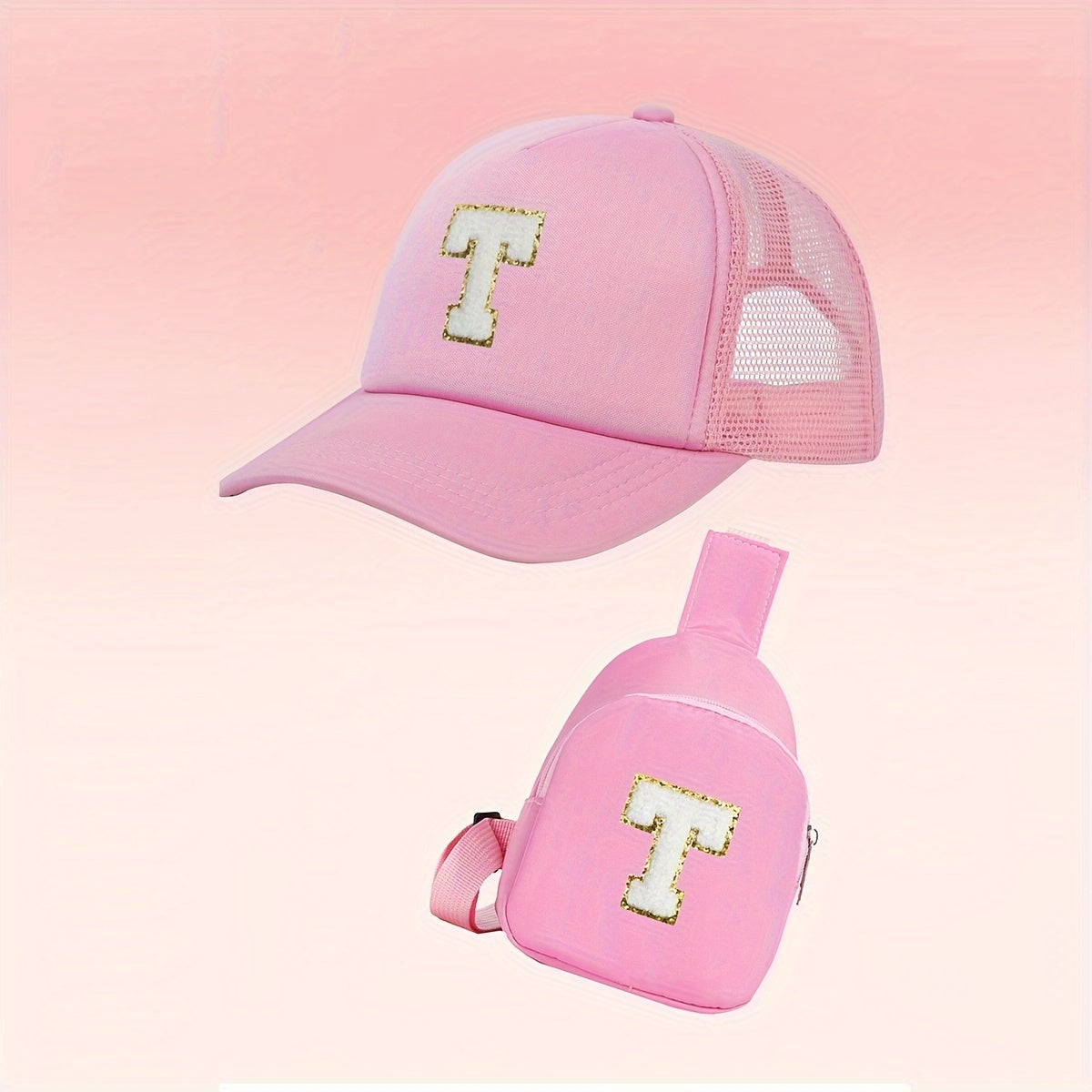 Alphabet-themed 2-piece set for girls includes a polyester baseball cap and bag, suitable for ages 3-14. Features a fitted, breathable design ideal for daily wear and special occasions