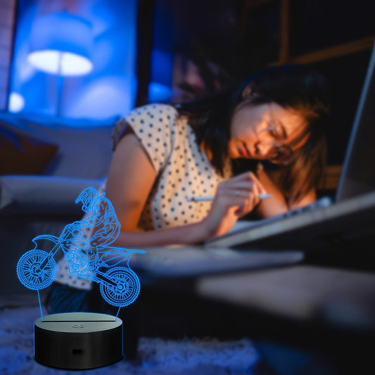 Metplus Motocross Motorcycle 3D LED Night Light features remote and touch control, 16 colors, timer, dimmable settings, and USB powered for bedroom decor.