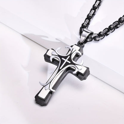 Men's Fashionable Byzantine Necklace with Double-layer Stainless Steel Cross Pendant