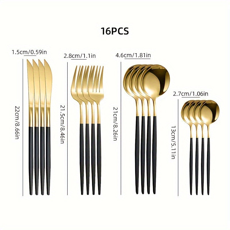 Sleek stainless steel flatware set with a black and golden finish, including knives, forks, and spoons for home, kitchen, or restaurant use. Durable and stylish tableware with varnished craftsmanship, perfect for special occasions like Christmas