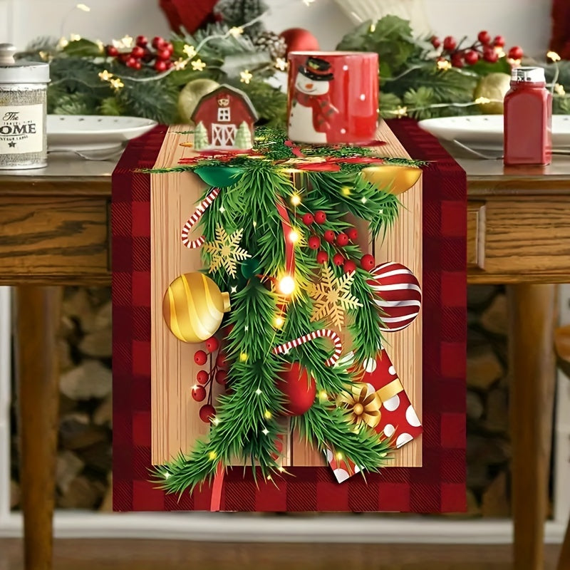 1pc Linen Table Runner featuring a Merry Christmas Ball Buffalo Plaid Pattern, perfect for adding a festive touch to your home decor or as a holiday gift.