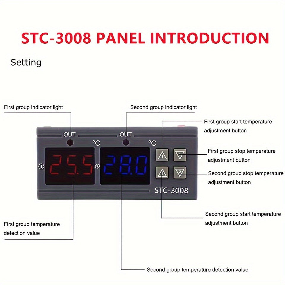 STC-3008 Smart Dual Control Temperature Controller with Digital Display - 110V/220V, Battery-free - Perfect for Aquariums