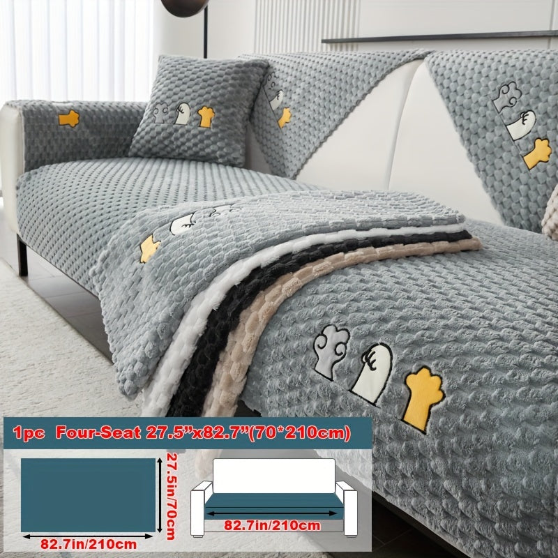 Modern honeycomb fleece sofa cover with embroidered design, pet-friendly protection for furniture, plush slipcover for various sofas. One-piece design with anti-slip backing for home and office decor.