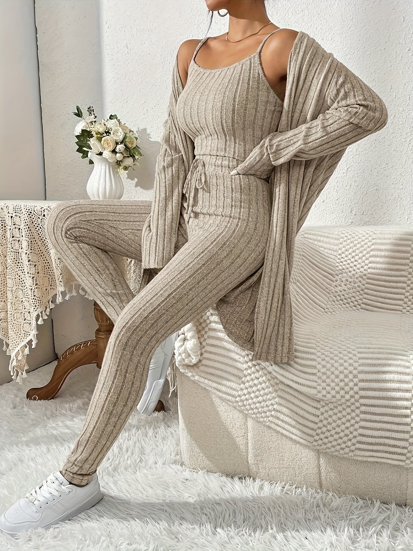 Fall and winter casual loungewear set for women, including a cardigan, camisole, and pants.