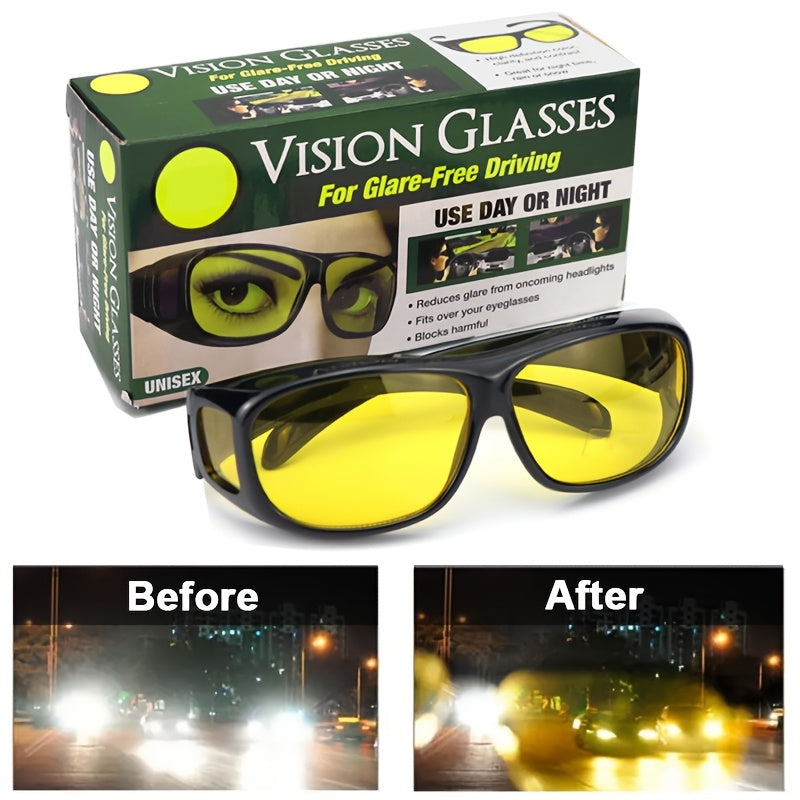 Night Driving Glasses set includes 2pcs for men and women, featuring oversized fashionable black frames for daytime and yellow lenses for nighttime.