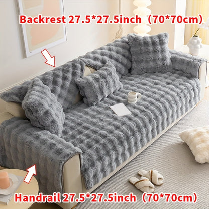 Imitation rabbit plush sofa cover for winter warmth, non-slip protection for furniture in home or office.