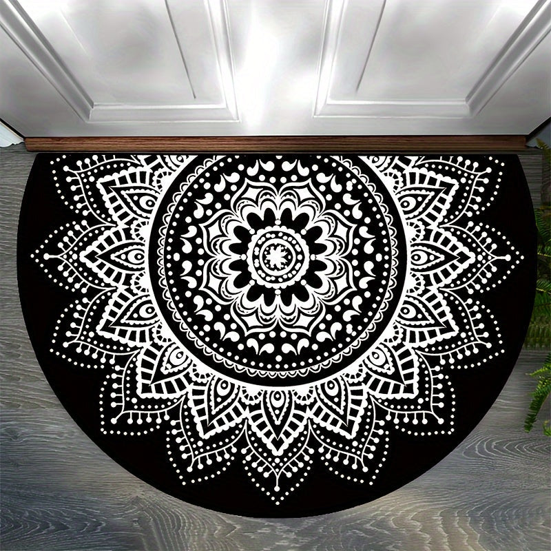 Non-Slip White Circular Lace Pattern Washable Polyester Doormat - Semi-Circle Shape, Elegant Entry Rug for Indoor, Outdoor, Bedroom, Hallway, Patio - Perfect as Photo Prop or Gift - Available in Various Sizes (15x23, 19x31, 23x35, 31x47 inches) - 1 piece