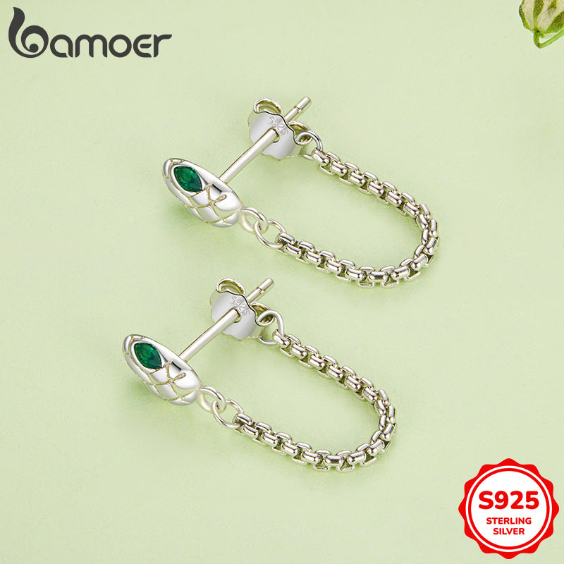 Vintage punk style 1 pair of GAMOER chic snake tassel hoop earrings for women featuring green gemstone eyes. Made of hypoallergenic 925 sterling silver, perfect for music festivals and parties.