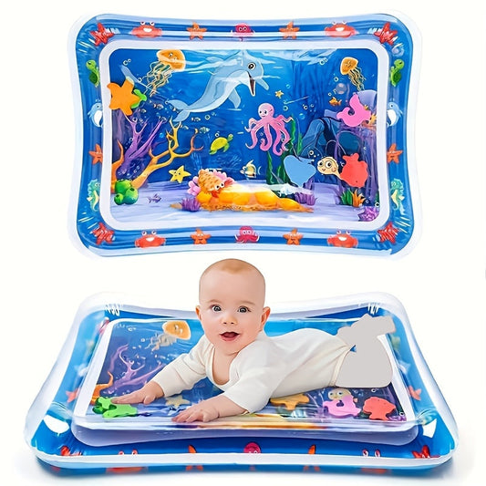 Large Ocean Adventure Baby Water Mat made from Thickened PVC - Interactive Crawling Toy for 0-3 Year Olds, in Blue and Red