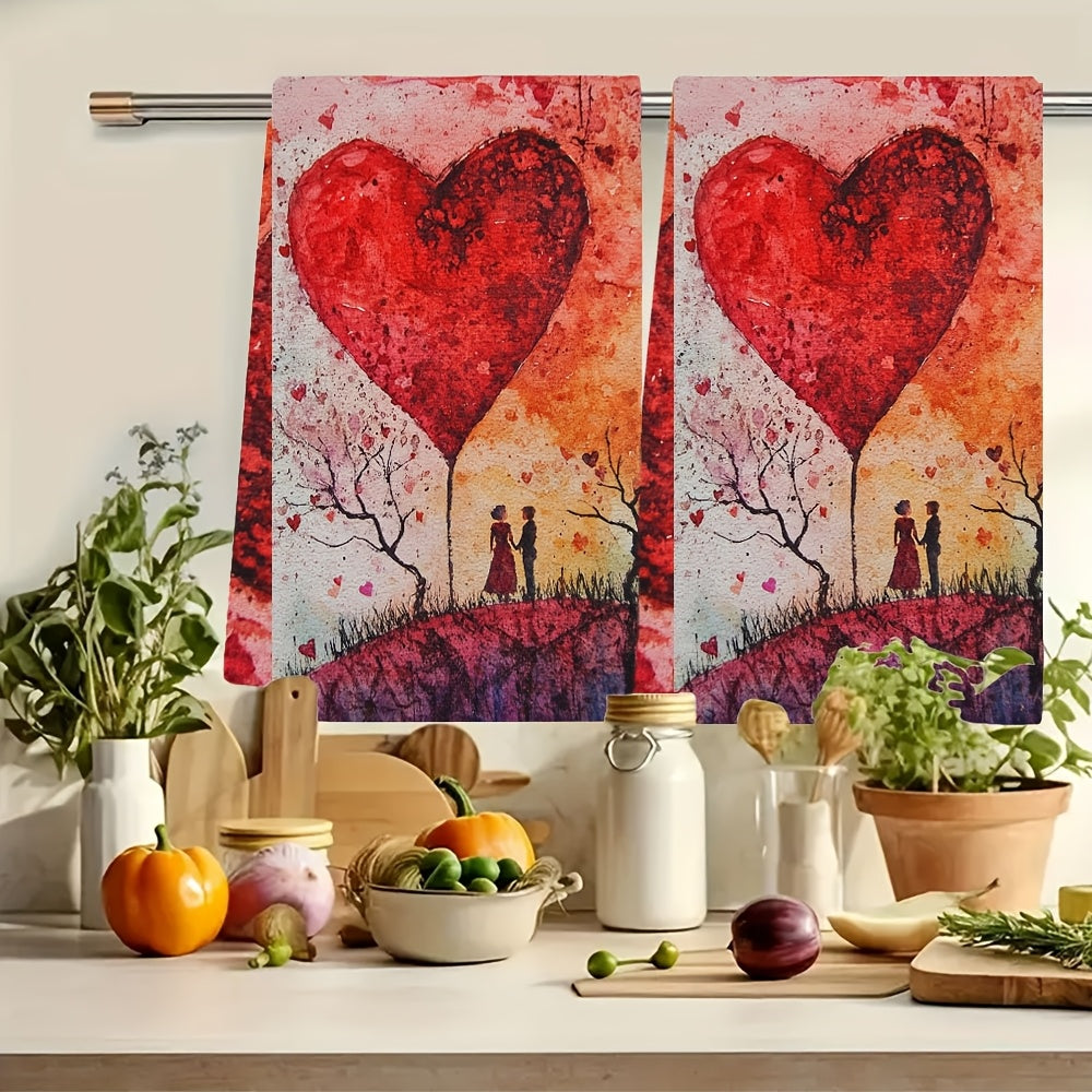 Set of 2 Romantic Sunset Heart Balloon Kitchen Towels - Made from Ultra Soft and Highly Absorbent Polyester, Size 40.64x60.96 cm, Easy to Clean in the Washing Machine, Perfect for Valentine's Day Decor and Daily Use as Dish Hand Towels