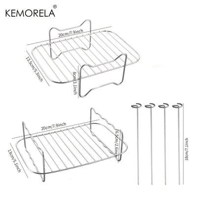 The KEMORELA Air Fryer Rack is a versatile set of 6 accessories designed for use in air fryer ovens. This double-layer rack includes skewers, a baking tray, a replacement BBQ rack, and a bacon fries chicken vegetables baking rack. Compatible with popular