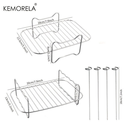 The KEMORELA Air Fryer Rack is a versatile set of 6 accessories designed for use in air fryer ovens. This double-layer rack includes skewers, a baking tray, a replacement BBQ rack, and a bacon fries chicken vegetables baking rack. Compatible with popular